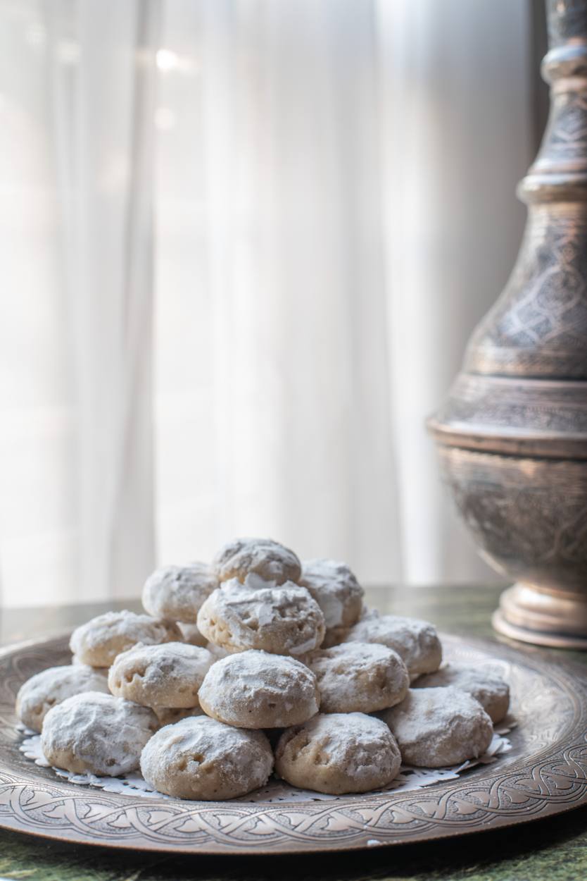 Powdered-sugar biscuits arranged on an ornate silver tray